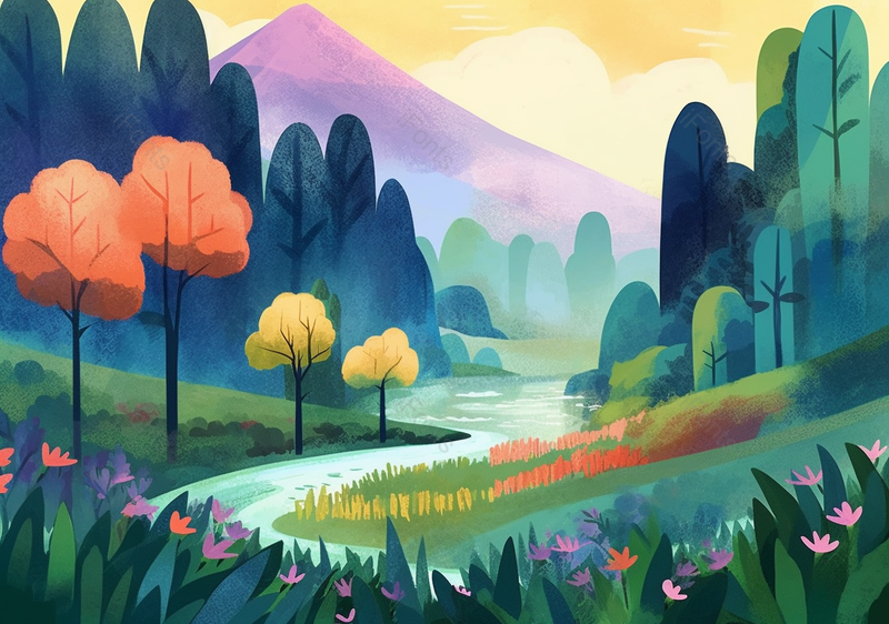 插画风格户外花草树木小溪风景图,插画/手绘图,插画/手绘图库,插画/手绘图下载,插画/手绘